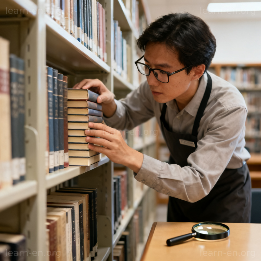 Precise librarian aligning books on shelf