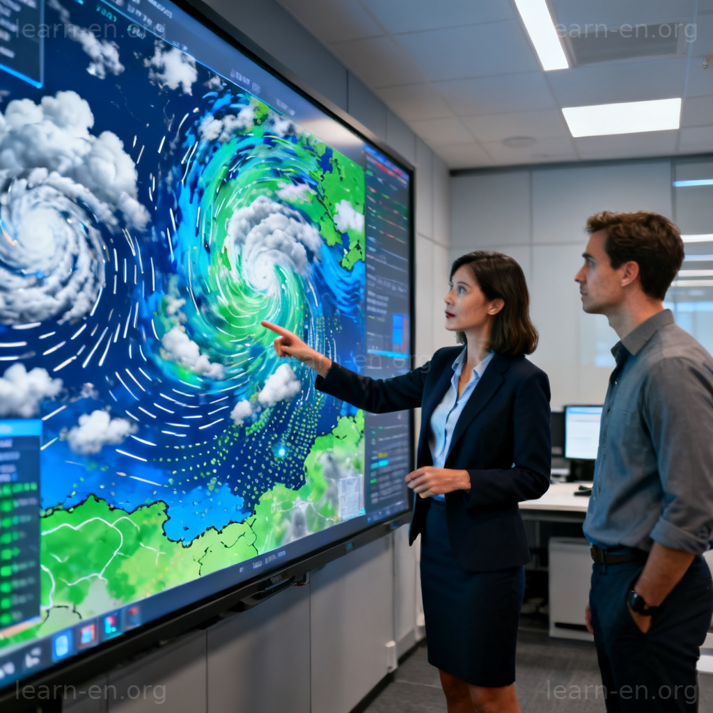 Scientific prediction shown by a meteorologist analyzing weather data and storm tracking maps.
