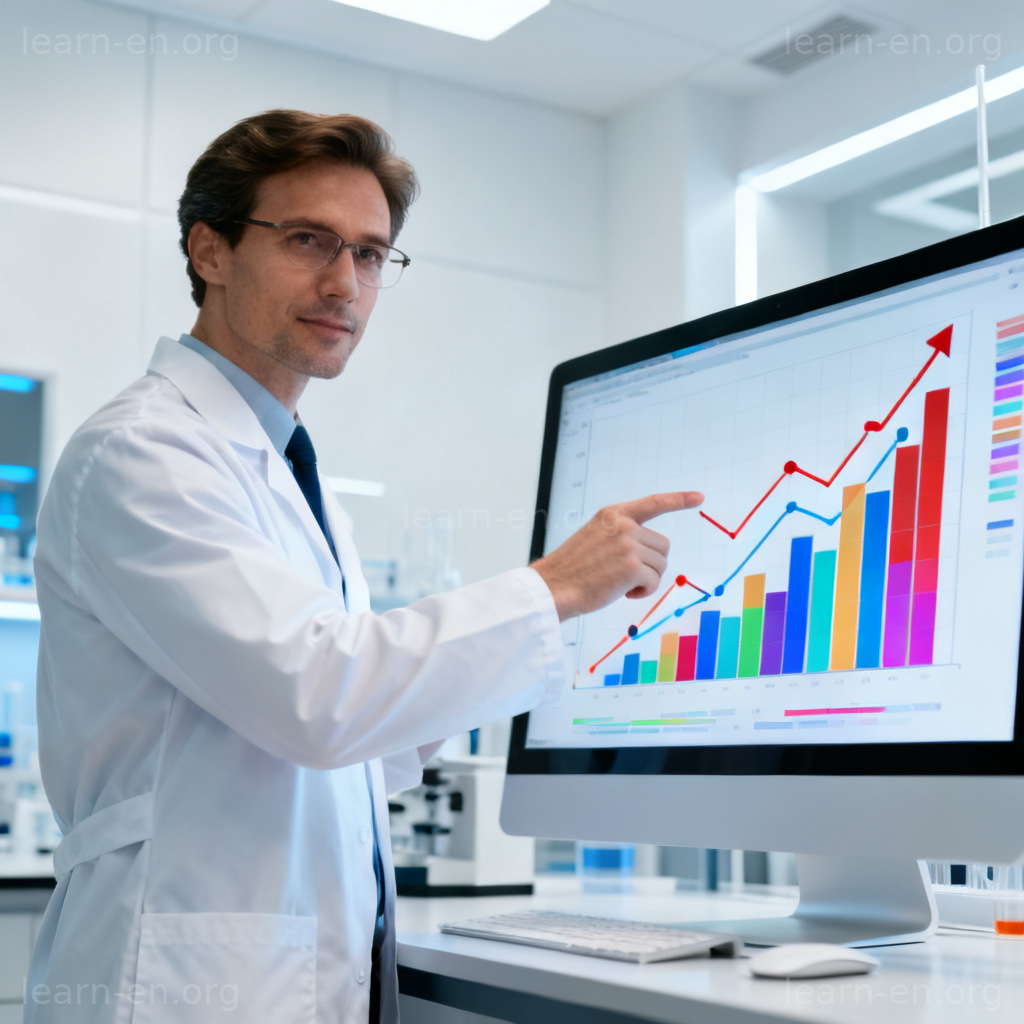 Data prediction concept: scientist analyzing complex charts and graphs on a digital screen in a lab.