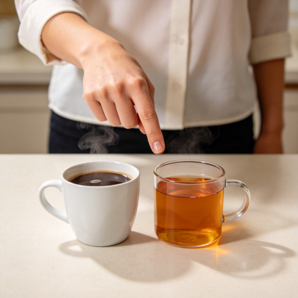 A person standing at a counter with two distinct options in front of them: a steaming cup of coffee and a mug of tea. The person is pointing decisively towards the cup of tea with a slight smile. The focus is on the gesture of choice between the two clear options. Clean, well-lit setting. No text.