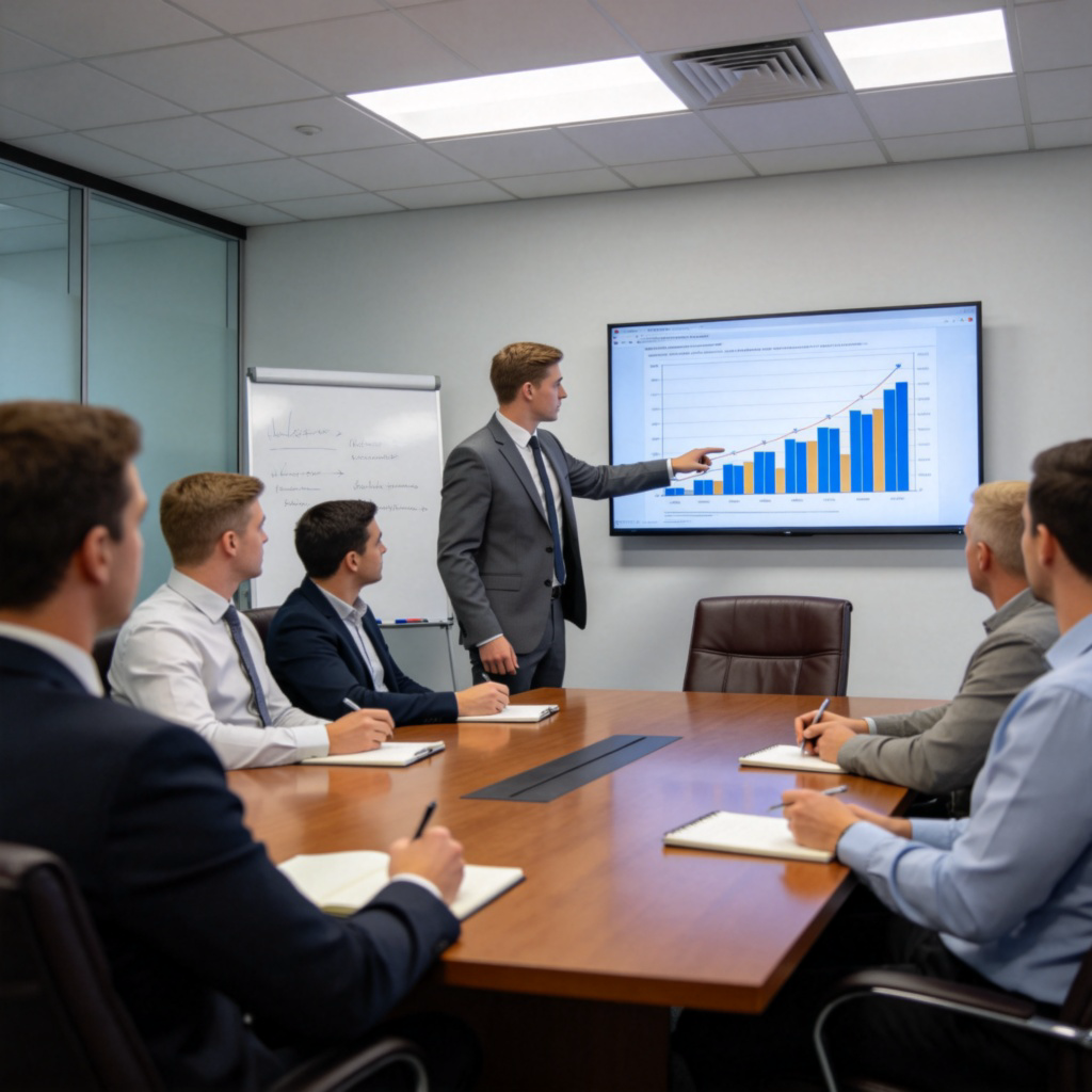 A professional setting, such as a meeting room or office. A person in formal attire is standing and pointing towards a chart or document displayed on a screen or wall. Others in the room are listening attentively or taking notes. The atmosphere is formal and focused on the presentation of an idea. No text.