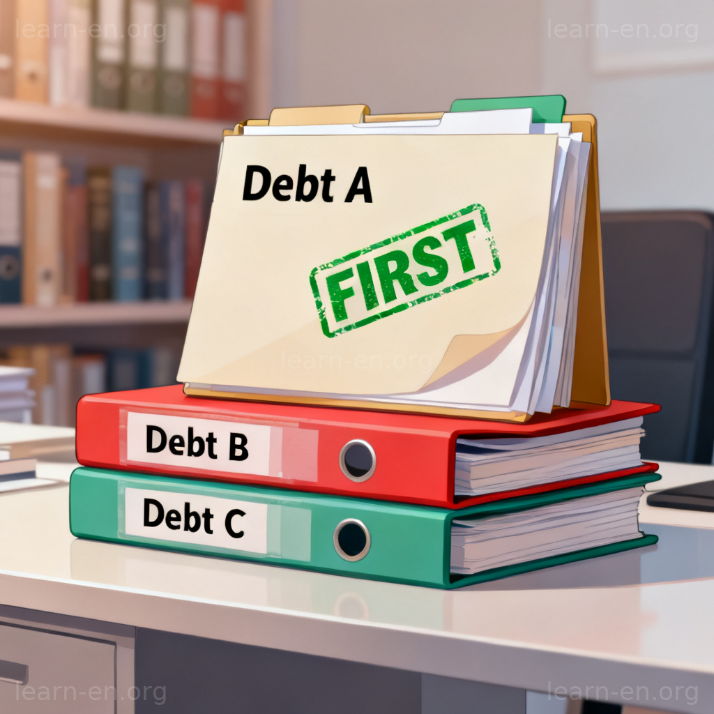 Preference in finance shown by a debt folder marked FIRST for priority payment.