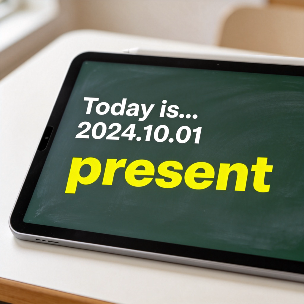 A close-up view of a classroom blackboard or a digital tablet screen. Written clearly in the center are the words: "Today is..." followed by a specific date. The word "present" is highlighted or underlined with a bright color. Simple, clear background with natural light, focusing only on the written text. No other people or objects.