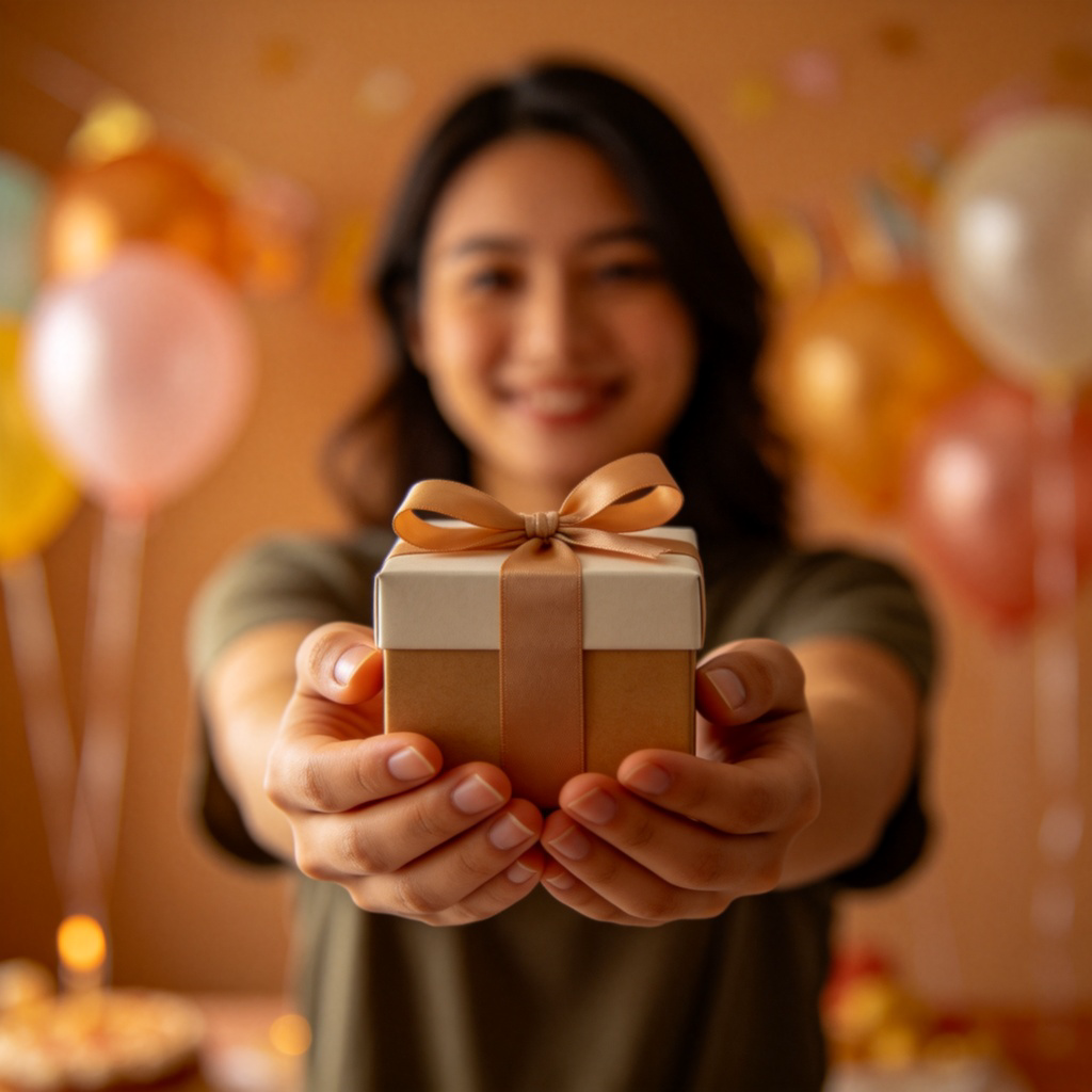 A person's hands holding a small, beautifully wrapped gift box with a ribbon, gently extending it towards the viewer as if to give it. The background is a simple, warm, blurred scene of a birthday party with balloons. Focus is on the act of giving the present. Soft, inviting lighting.