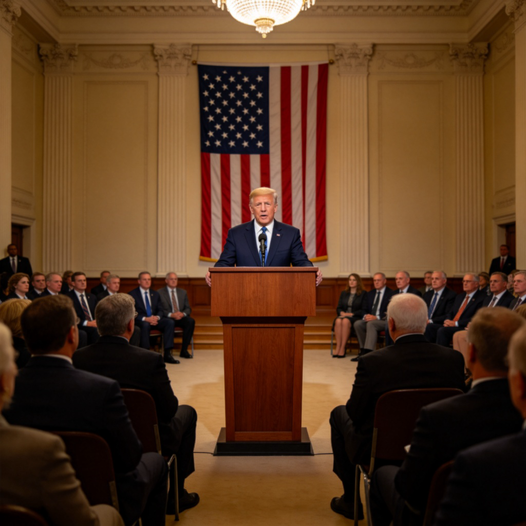 A president standing at a podium giving a speech, with the national flag visible in the background. The scene is set in a formal hall, with people listening attentively in the audience. Clear, photorealistic style, focus on the president and the podium. No text or logos.
