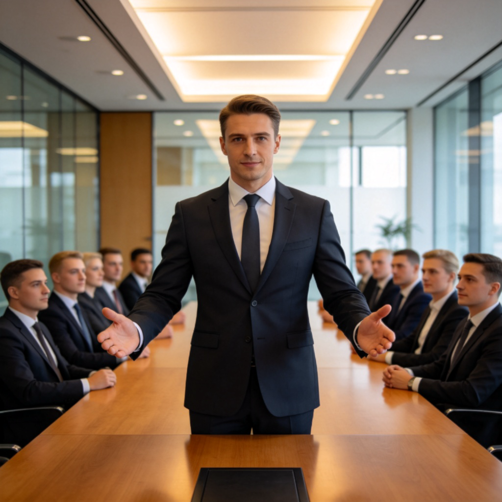 A confident business leader standing at the head of a long conference table, addressing a team. He or she is dressed in a sharp suit, making a gesture that suggests leadership and assurance. Modern office setting, natural lighting, focus on the leader's posture and expression. No text.