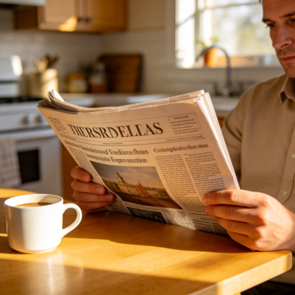 A person sits at a kitchen table in the morning, holding a folded newspaper open to read the headlines. A cup of coffee sits beside the paper. The focus is on the person's hands and the prominent newspaper text and images. Soft morning light, clean background. No text or logos on the image.