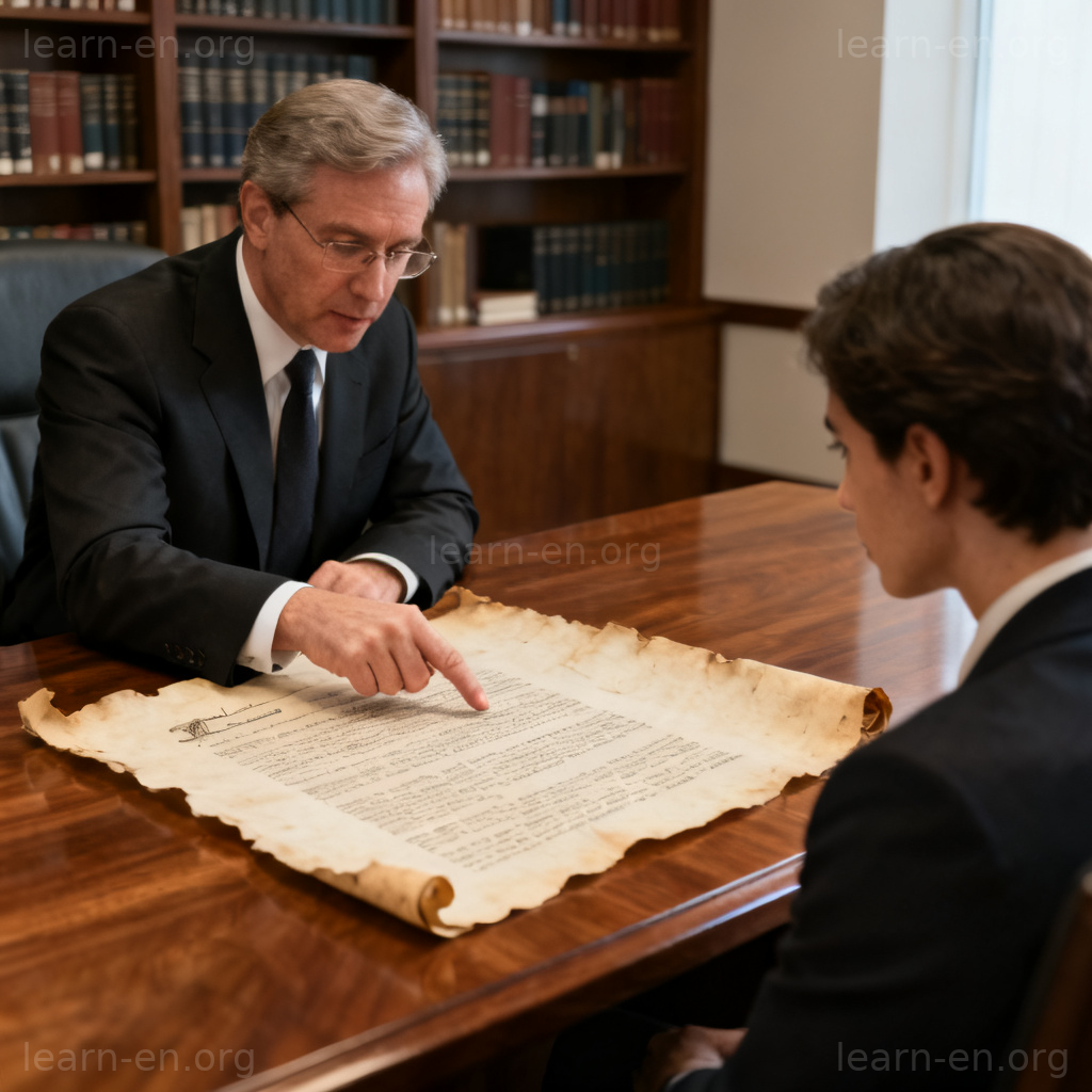 Pretension as a formal legal claim, lawyer pointing to a clause on a document.