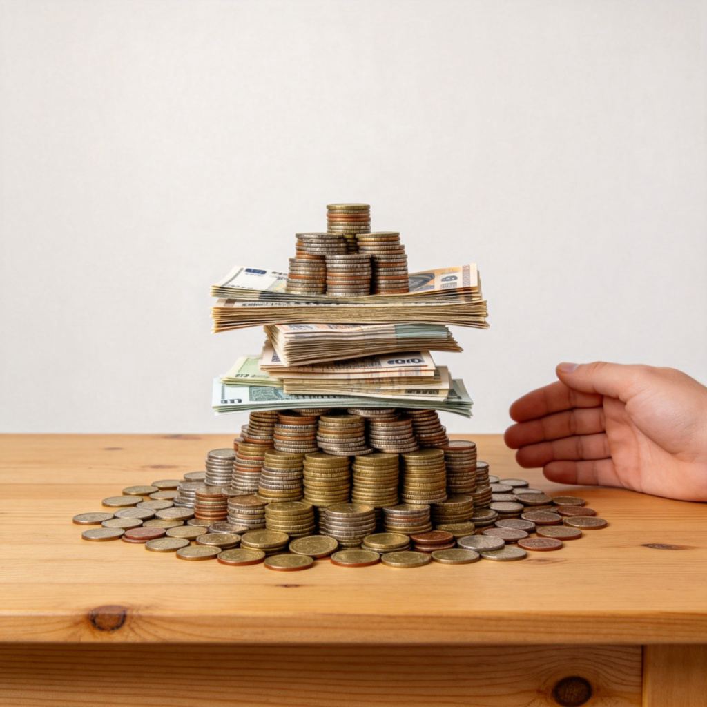 A pile of coins and banknotes stacked in an impressive heap on a wooden table. Next to the pile, a single hand is shown for scale, emphasizing its considerable size. Clean, bright lighting, sharp focus on the money. Plain background. No text or logos.