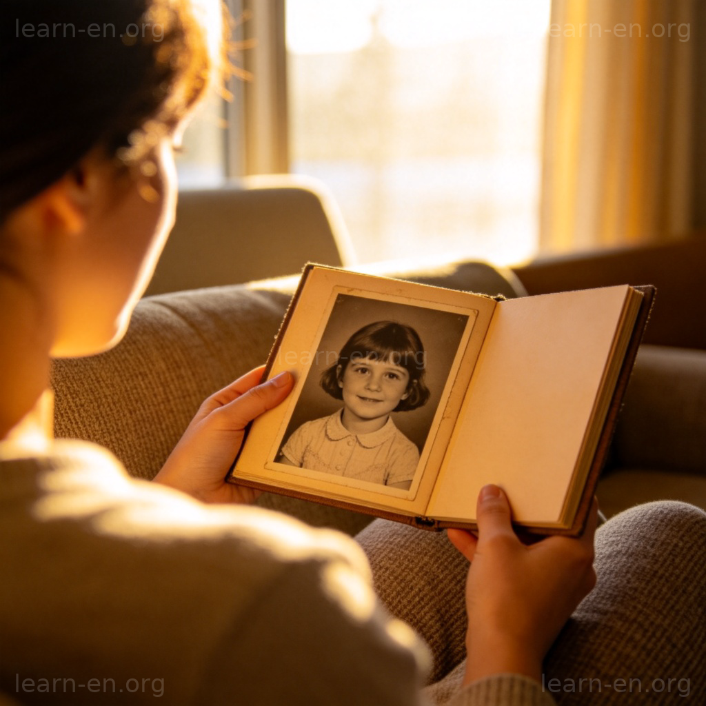 previously 含义图解：人物翻阅旧相册回忆过去