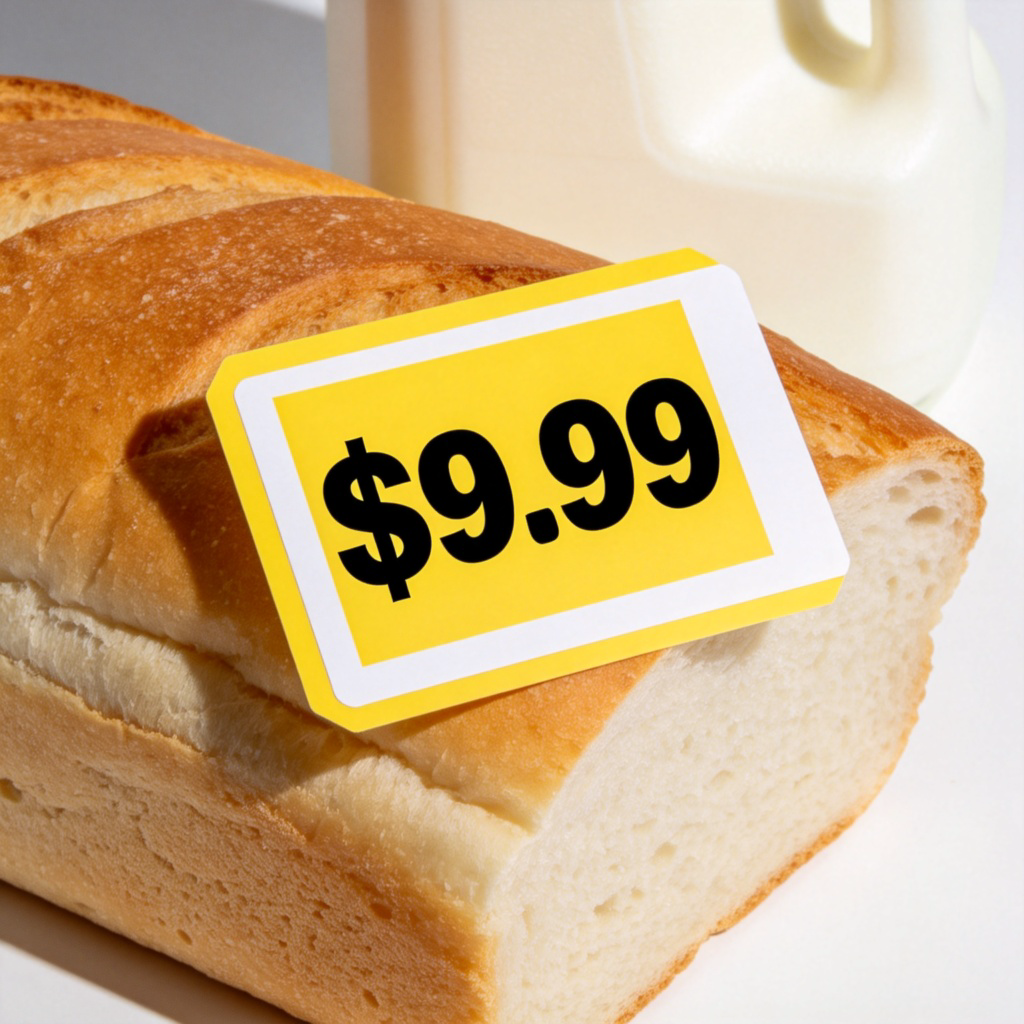 A clear, close-up shot of a price tag on a product in a supermarket. The tag is yellow or white, with the number "$9.99" in large, black print. The product could be a loaf of bread or a carton of milk. Clean, bright lighting. No text or logos on the product itself.