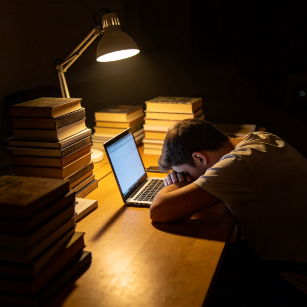 A person sitting exhausted at a desk late at night, holding their head. A single desk lamp illuminates stacks of books and a laptop screen. The scene conveys tiredness and sacrifice for an unseen goal. Soft, moody lighting.