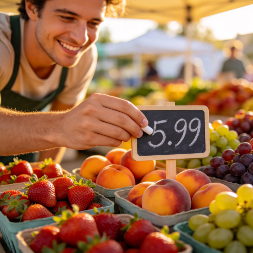 A vendor at a farmers' market, smiling and writing a price on a small chalkboard sign. The sign is placed next to baskets of colorful fruits. The vendor's hand is in focus, writing the number. Sunny outdoor lighting.