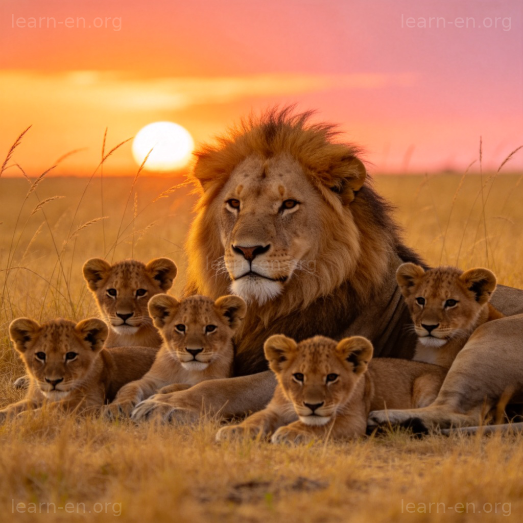 A family of lions resting together on the golden grass of a savannah under a setting sun. A large male lion with a full mane is lying down, with several lionesses and cubs nearby in a relaxed, protective circle. The scene conveys unity and family bonds within the animal group.