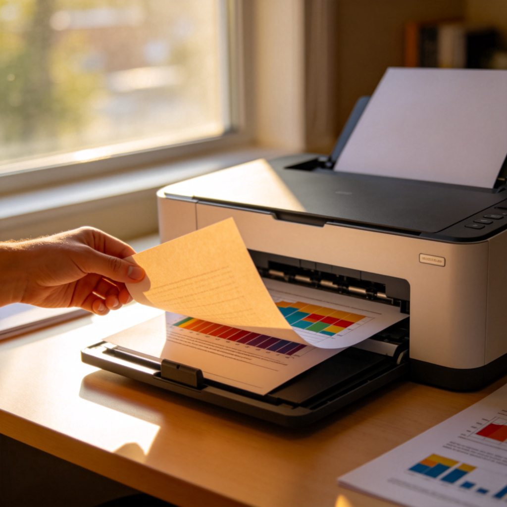 A close-up of a person's hand taking a freshly printed, warm piece of paper from the output tray of a modern desktop printer. The paper shows part of a colorful chart or graph. The printer is on a desk in a home office setting. Natural daylight from a window. No text on the paper or printer.