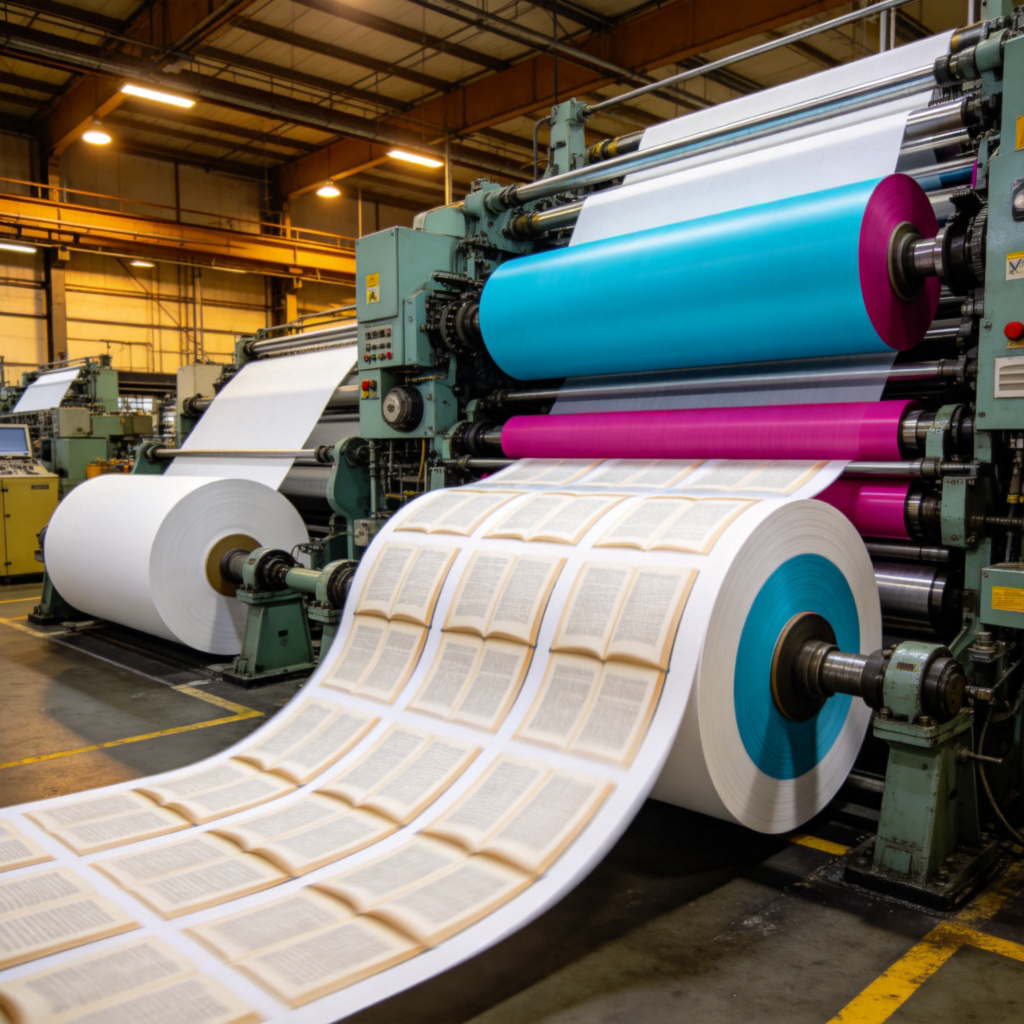 A wide-angle view inside a bustling printing factory. Large rolls of white paper are feeding into a massive, complex industrial printing press. Vibrant colors (like cyan and magenta) are visible on the rotating cylinders. The printed paper is coming out rapidly on the other end, showing a repeated pattern of book pages. The atmosphere is busy but orderly.