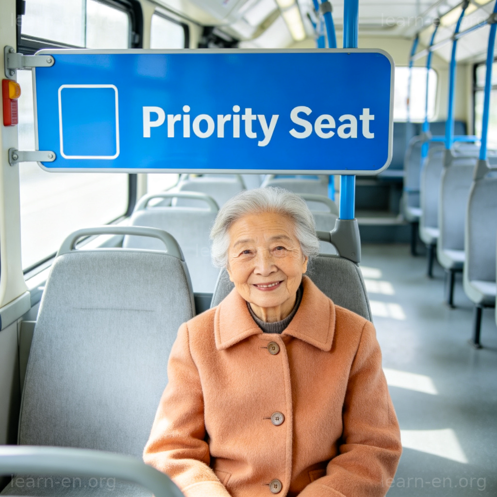 Priority Seat 图解：公交车内蓝色优先座位标识及老人就坐场景
