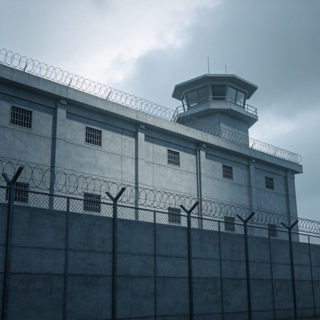 A large, grey concrete building with small, barred windows and a high perimeter fence topped with barbed wire. The sky is overcast. A single guard tower is visible. The style is photorealistic, focused on the imposing and secure structure. No people are the main focus, and there is no text in the image.