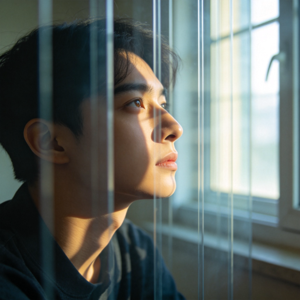 A person sitting alone in a room, looking out of a window with a longing expression. Metaphorically, faint, transparent vertical bars are superimposed over the window light, casting shadows on their face. The atmosphere feels contemplative and slightly confined. Realistic photo style, soft lighting, focusing on the person's expression and the symbolic bars. No actual text.