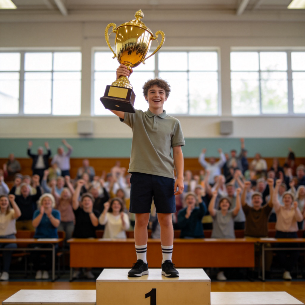 prize 奖品含义图解：学生高举金色奖杯庆祝胜利