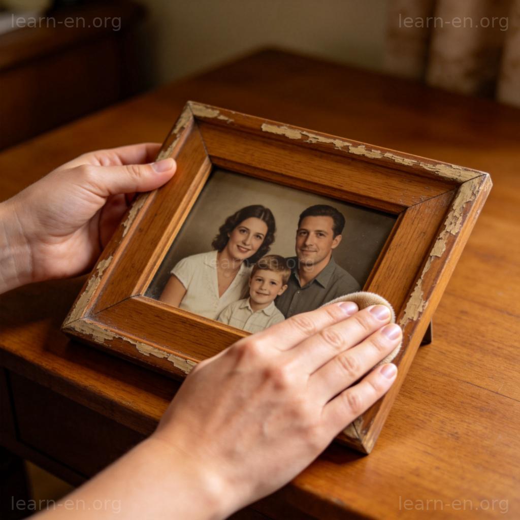 prize 珍视含义图解：双手小心擦拭珍藏的家庭相框