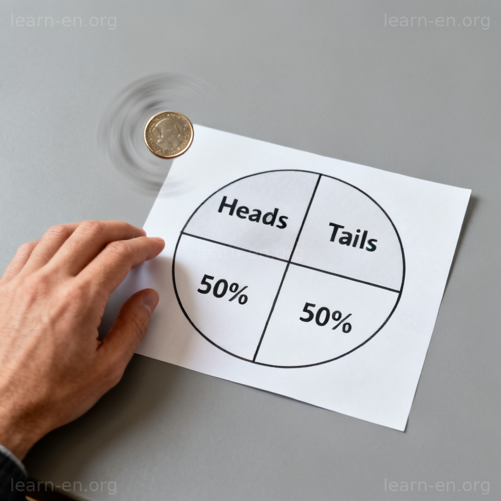 Probability concept of a 50% chance shown by a coin flip diagram.
