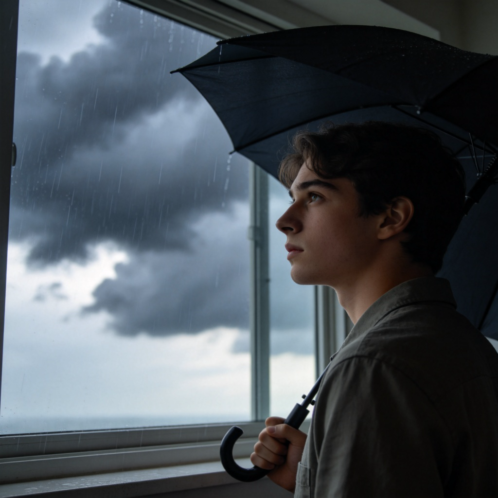 A person looking out of a window at a sky full of dark, heavy rain clouds. The person is holding an umbrella and has a slightly uncertain but prepared expression. The focus is on the person's thoughtful face and the gloomy sky outside. Natural lighting, realistic style. No text.