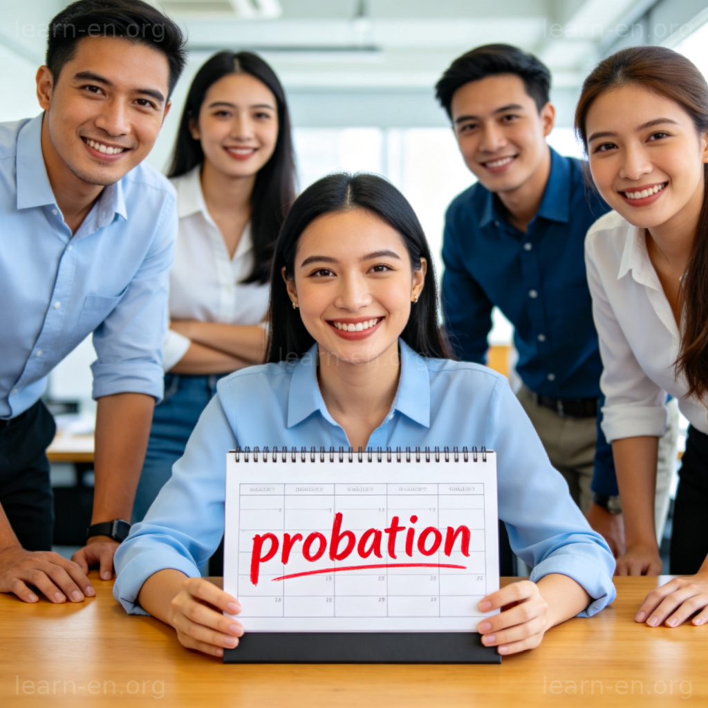 Probation period calendar with smiling new employee at desk
