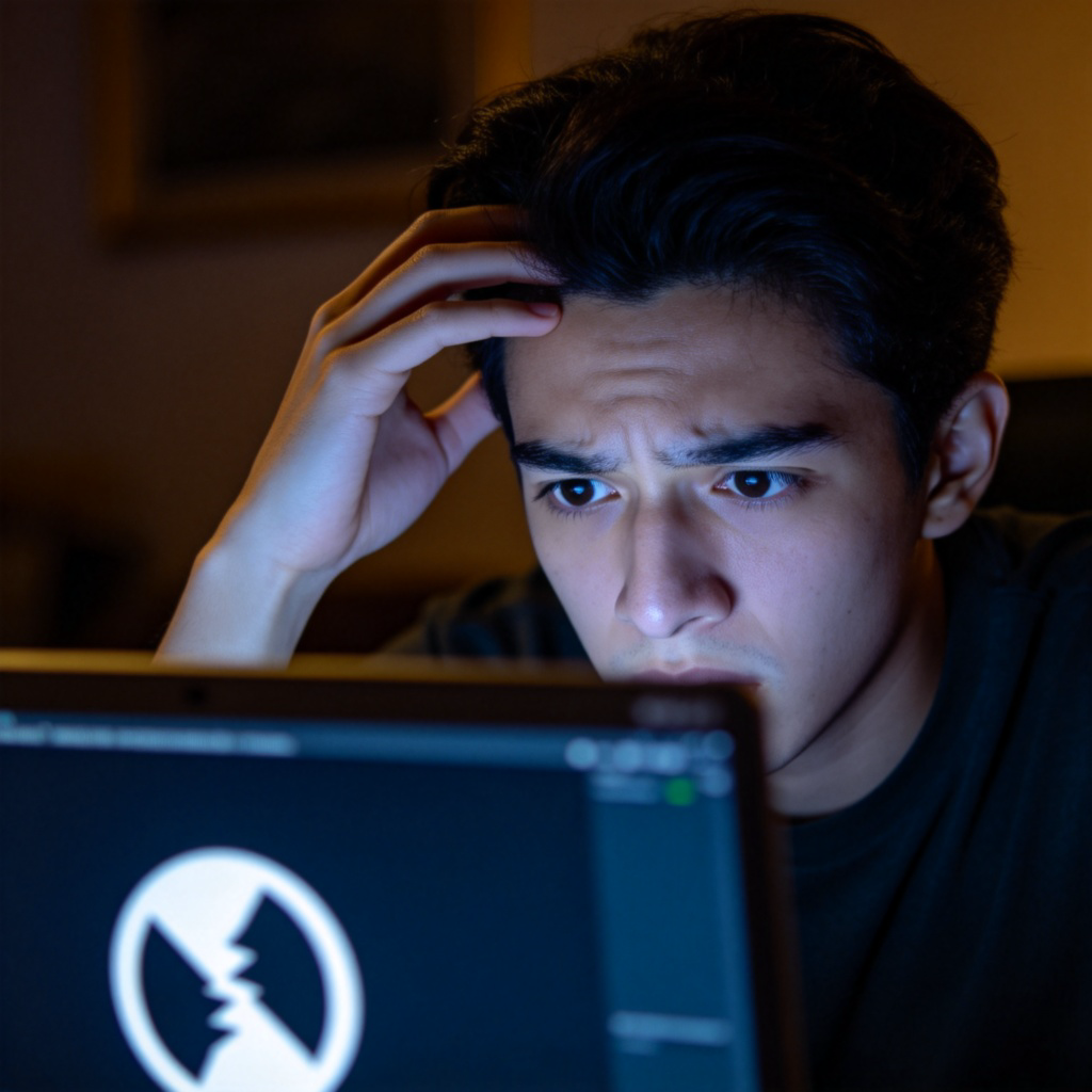 A close-up photo of a person looking confused, scratching their head while looking at a computer screen displaying a large error message or a broken icon. The screen light illuminates their face in a dim room. Focus on their expression and the screen. No text.