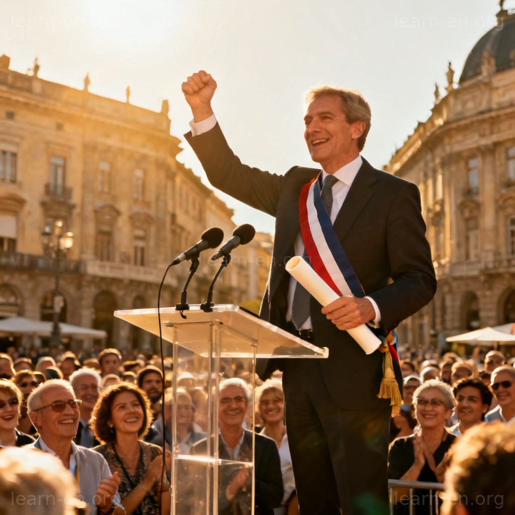 Proclaim definition illustrated by a mayor making an official public announcement to a crowd.