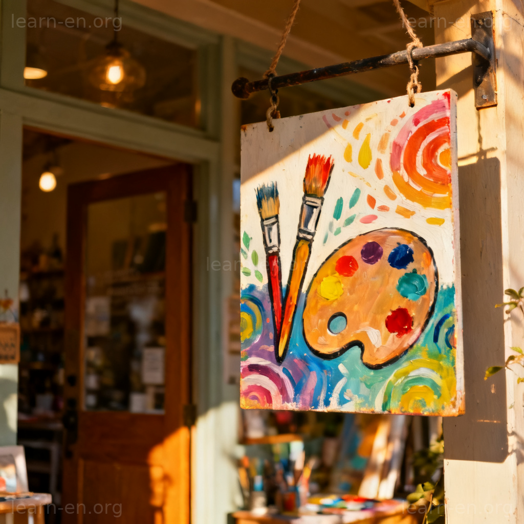 Proclaim meaning shown through a clear, artistic shop sign manifesting its purpose.