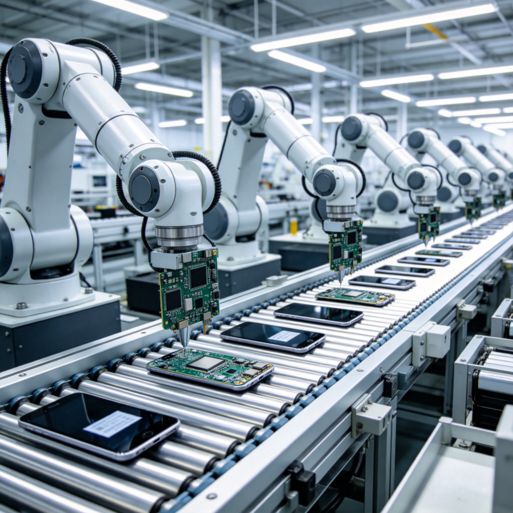 A modern factory assembly line with robotic arms putting together electronic components to form finished products like smartphones. The scene is bright, clean, and shows the process of creation from parts to a complete item. No text.