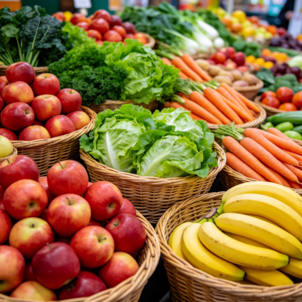 A vibrant and colorful display at a farmers market or grocery store, featuring a variety of fresh fruits and vegetables like red apples, green lettuce, orange carrots, and yellow bananas arranged neatly in baskets. Bright, natural lighting. No text.