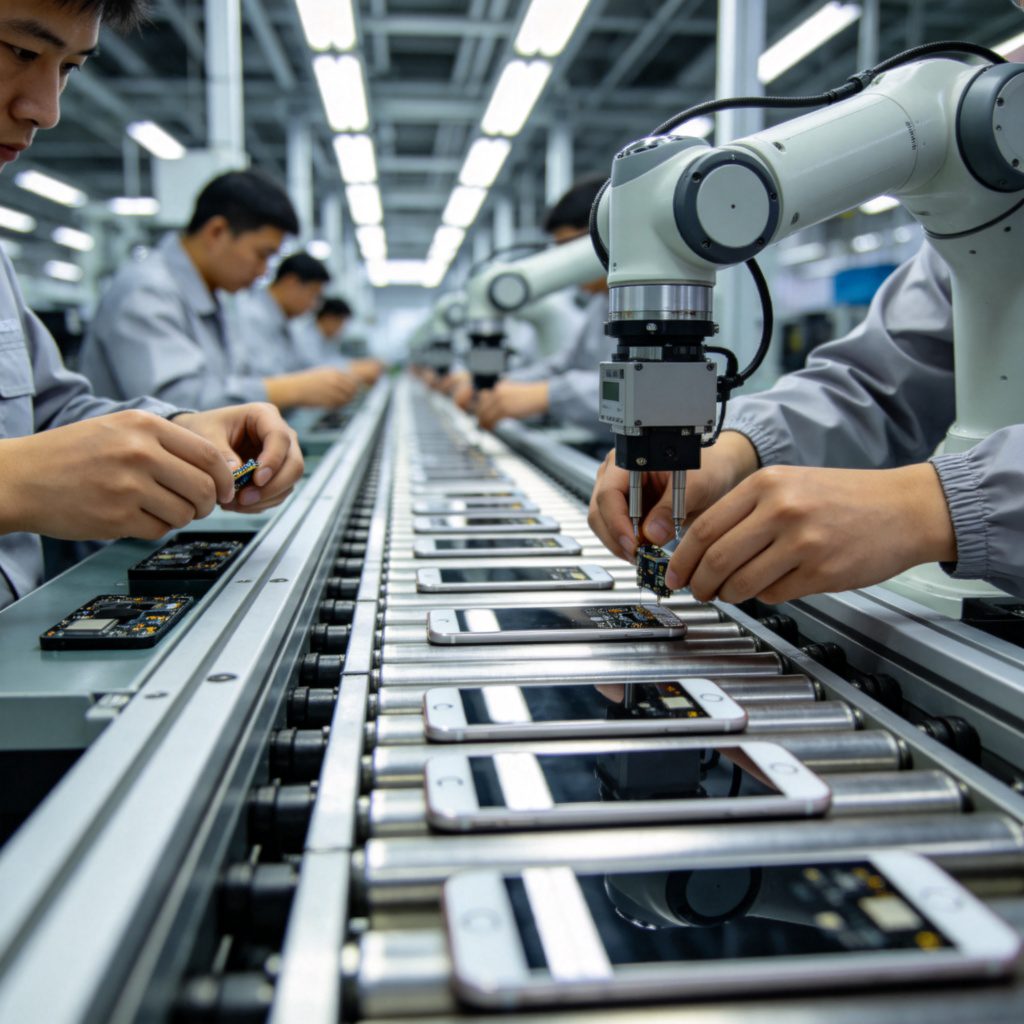 A busy factory assembly line with workers in uniforms assembling smartphones, focusing on the hands and machinery in action. Modern industrial setting with bright lighting, clean environment, no text or logos visible.