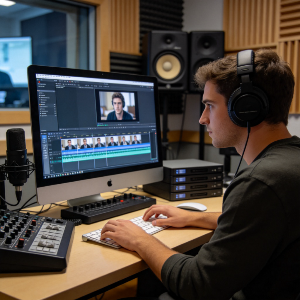 A person wearing headphones, sitting at a desk with a computer screen showing video editing software, in a modern studio control room. Focus on the person's focused expression and professional equipment, soft lighting, no text.