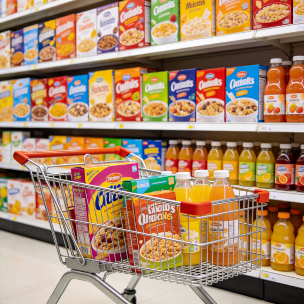 A brightly lit supermarket shelf stocked with various colorful cereal boxes and bottles of juice. A shopping cart with a few of these items is in the foreground. The scene is clean, modern, and focused on the packaged goods as consumer products. Photorealistic style, no text or logos.