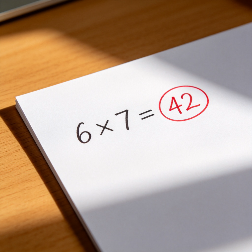 A close-up view of a simple multiplication equation written neatly on a white paper: 6 × 7 = 42. The number 42 is circled in red. The focus is on the answer (the product) and the mathematical symbols. Natural lighting on a wooden desk, realistic texture.
