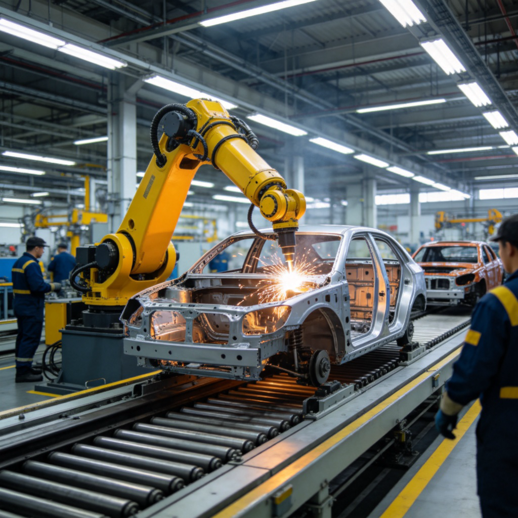 A wide-angle view inside a modern car factory assembly line. A yellow robot arm is precisely welding a car frame on the moving conveyor belt. Other parts and workers in uniforms are visible in the background. Industrial lighting, clear and focused on the action. No text or logos.