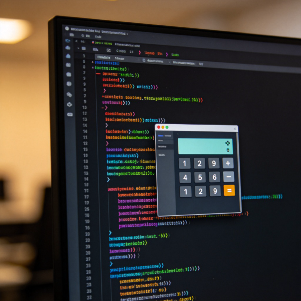 A close-up view of a computer screen displaying lines of colorful code on a black background, with a small window on the side showing a simple graphic application running, like a calculator or a game. The focus is on the contrast between the code and the functioning program. Natural office lighting, no text visible on screen besides the code.