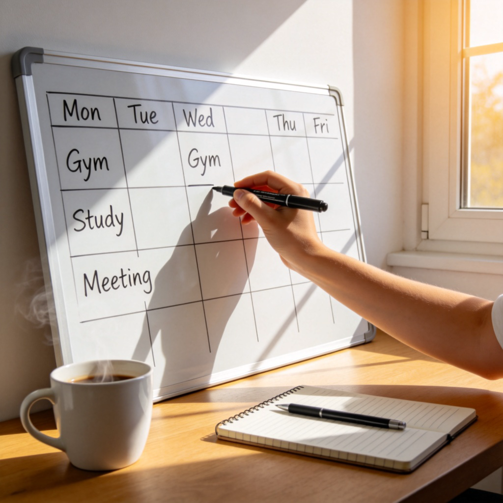 A person's hand writing a weekly plan on a large, clean whiteboard. The plan has columns for days and rows for tasks like 'Gym', 'Study', 'Meeting'. A cup of coffee and a notebook are on the table nearby. Sunlight from a window illuminates the scene, creating a productive and organized feeling.
