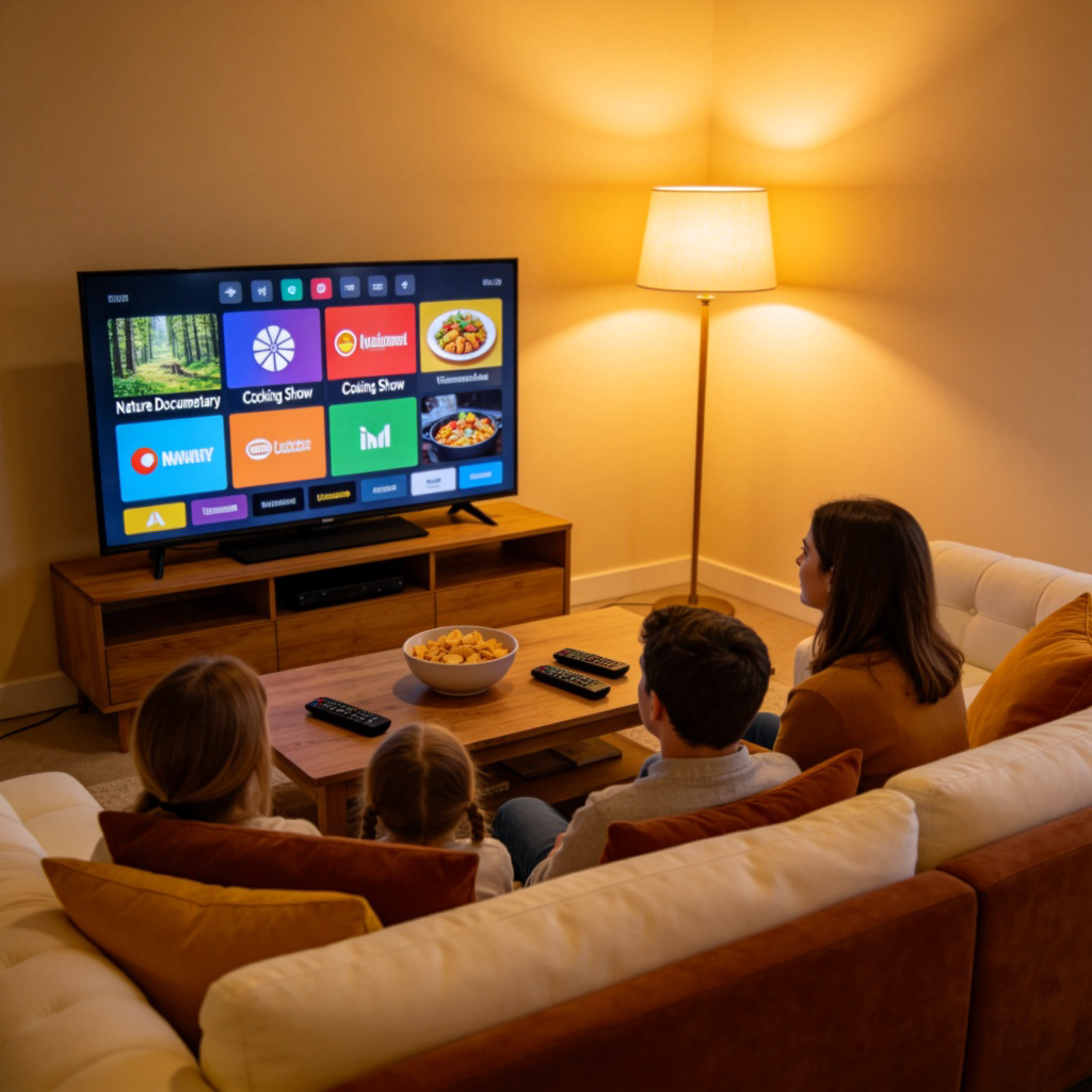 A cozy living room scene at night. A family is sitting on a sofa, watching a large television. On the TV screen, a colorful grid-style program guide is displayed, showing channel logos and show titles like 'Nature Documentary' and 'Cooking Show'. The room is warmly lit by a floor lamp.