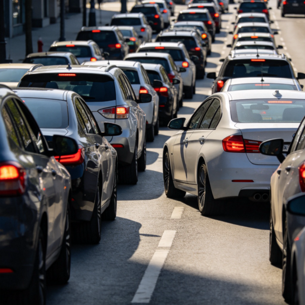A long line of cars in a traffic jam on a city road during the day, seen from a slightly elevated angle. One car in the foreground is inching forward a small distance compared to the stationary cars around it, illustrating slow movement. Realistic photography style, natural daylight.