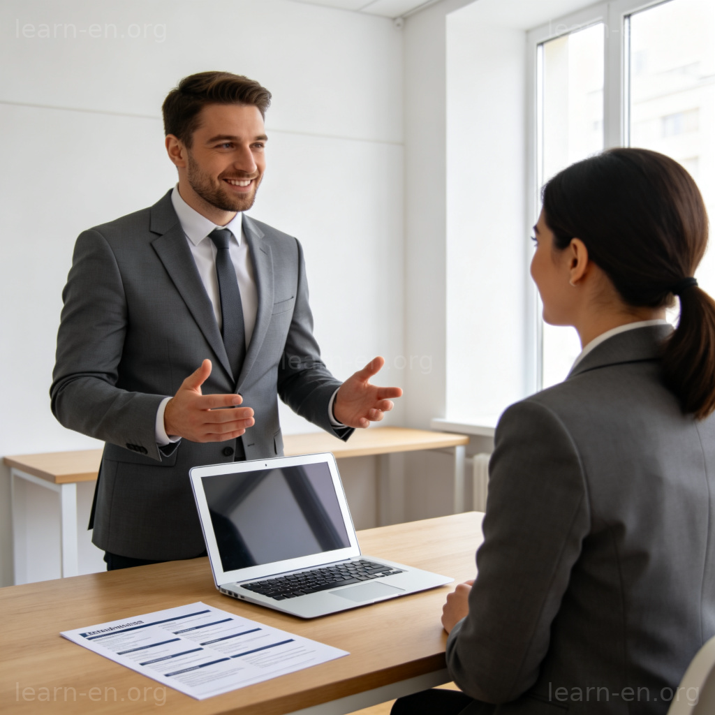 Promotion Interview 升职面试场景图解：员工与经理在办公室进行职业发展谈话