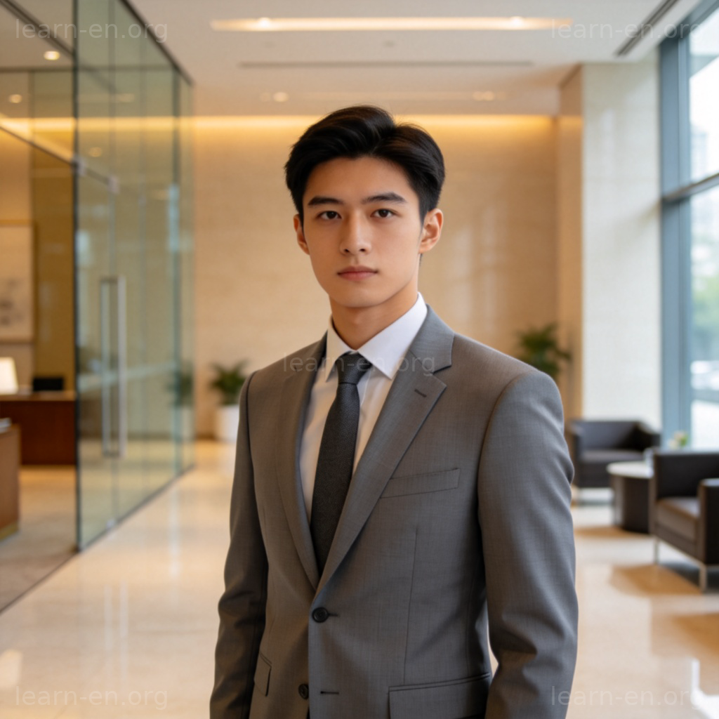 A young professional person wearing a neat, formal suit and tie, standing confidently in a modern office lobby. The attire is crisp and fits well, conveying a sense of readiness and respect for the formal setting. Warm, professional lighting. No text.