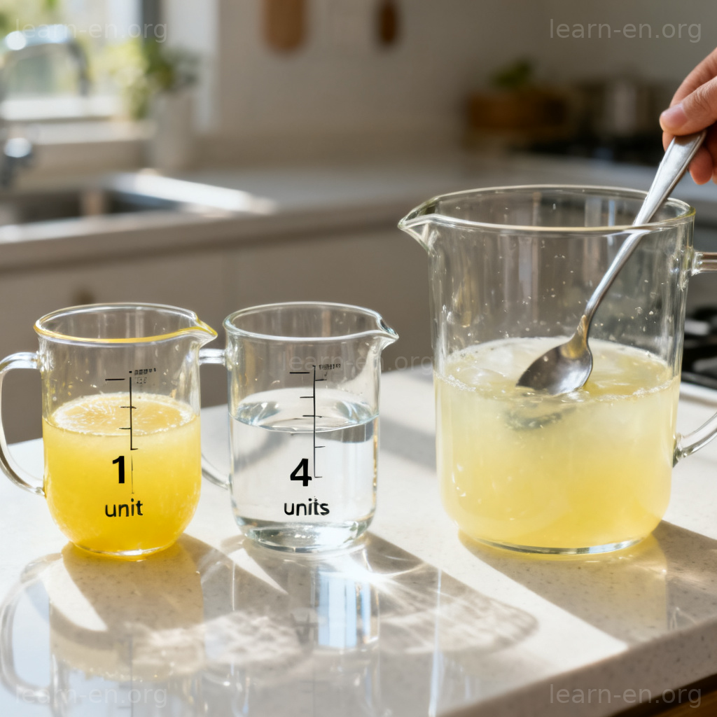 Proportion as a ratio shown by mixing lemon juice and water in specific amounts.