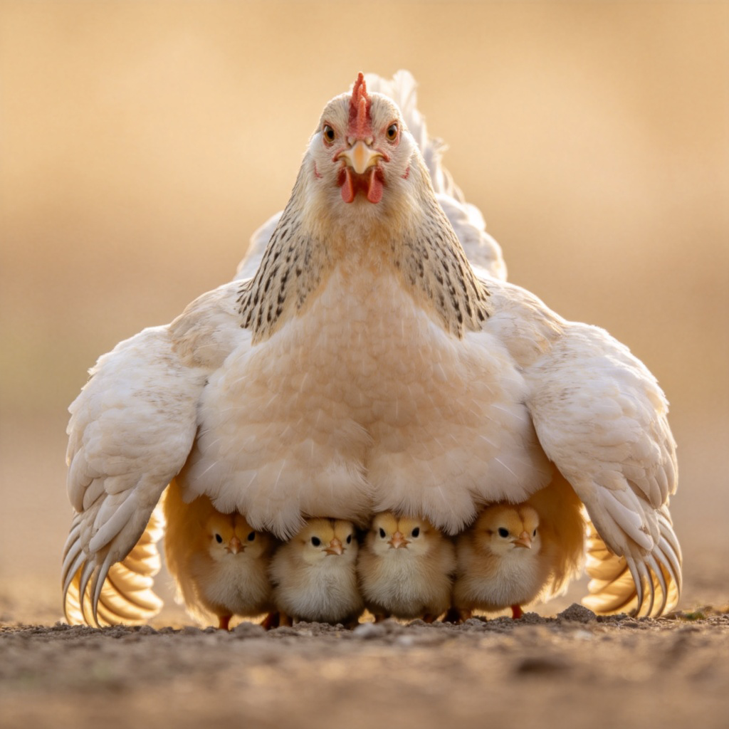 A close-up, symbolic image of a mother hen spreading her wings to shield her tiny, fluffy chicks from view. Soft, warm lighting, focus on the protective stance of the hen against a blurred, neutral background. No text.