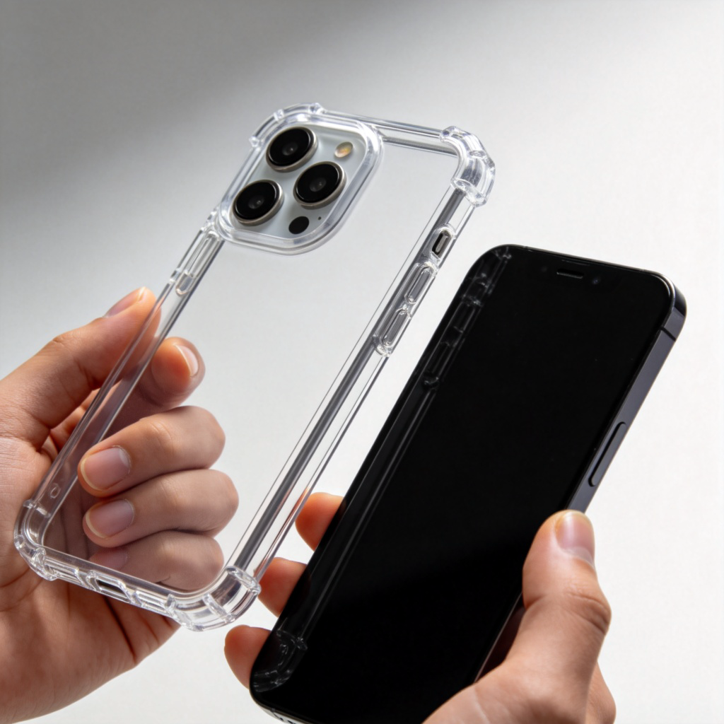 A close-up photo of a person's hand holding a transparent, sturdy-looking phone case next to a bare smartphone. The case is the clear focus, showing its protective edge. Clean, well-lit background, product photography style. No text or logos.