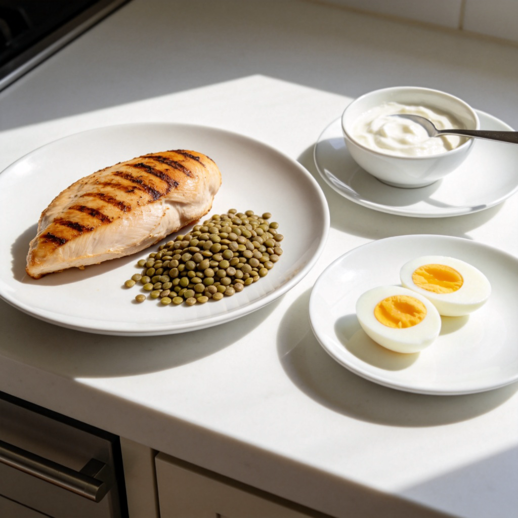 A clean, bright kitchen countertop with a simple arrangement of common high-protein foods: a grilled chicken breast, a handful of lentils, a boiled egg cut in half showing the white and yolk, and a small bowl of Greek yogurt with a spoon. Natural lighting, sharp focus on the food, white plate. No text or labels.