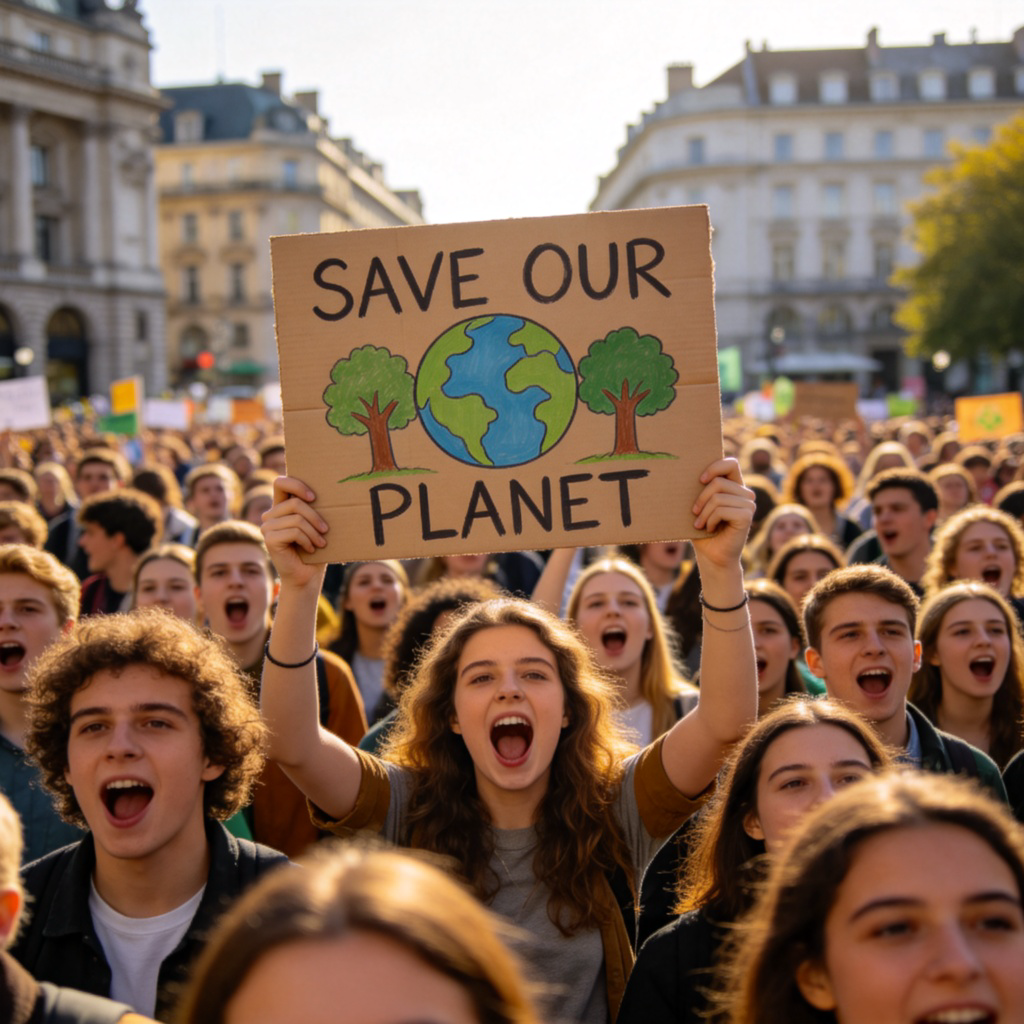 A large, diverse crowd of people gathered in a city square. They are holding up cardboard signs with messages like "SAVE OUR PLANET" or drawn pictures of trees. Some have their mouths open as if shouting slogans. The atmosphere is energetic but peaceful. Bright daylight, realistic photography style, focus on the crowd and their signs.