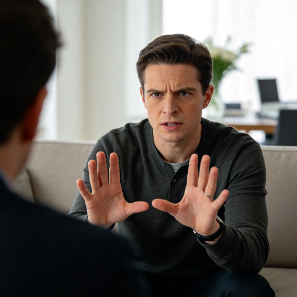 A single person, looking serious and sincere, speaking directly to the camera or to another person. Their hands are gesturing emphatically to emphasize their point. They are in a neutral setting like a living room or office. The focus is on their expression of earnest denial or insistence. Clear, photorealistic style.